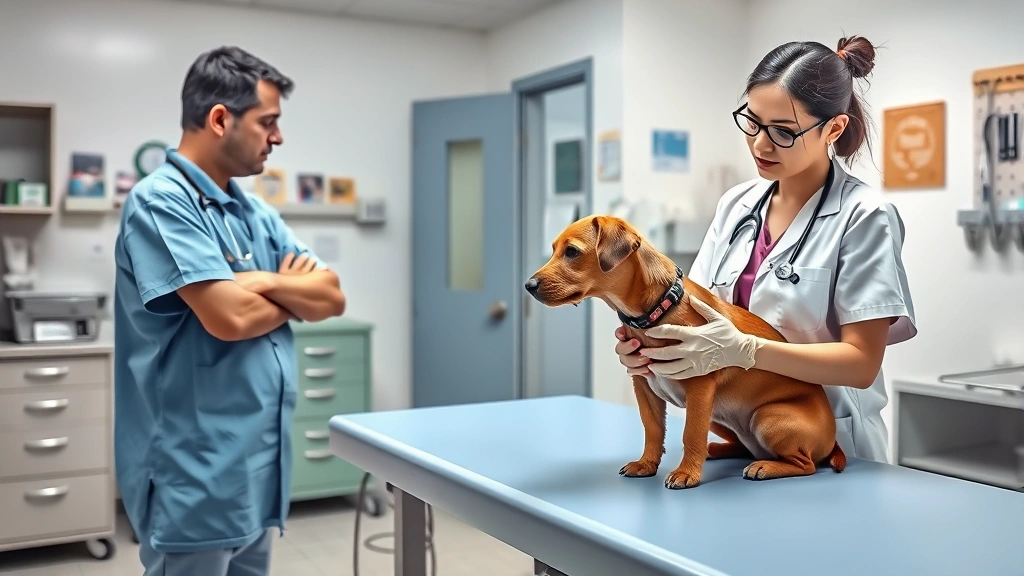 how much chocolate can kill a dog -
Photorealistic image of a veterinary clinic interior with a vet examining a sma
