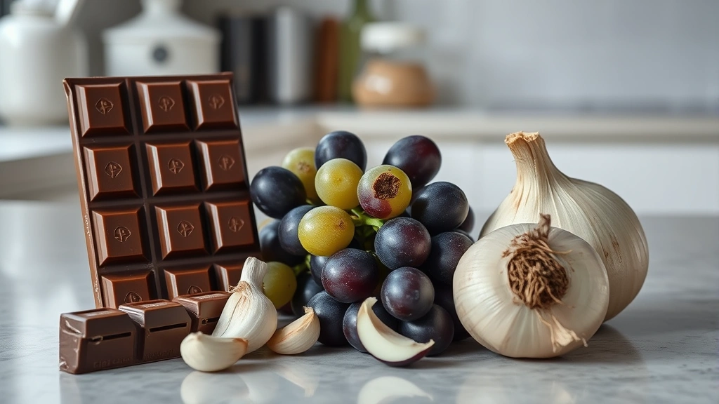 how much chocolate can kill a dog -
Photorealistic still life of common household items toxic to dogs including cho