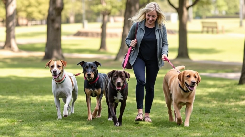 how much do dog sitters get paid -
Dog sitter walking multiple dogs on leashes in a park, photorealistic style, di