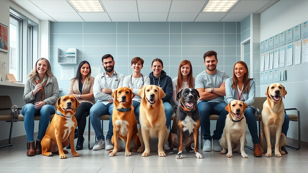 how much do dog vaccinations cost -
Photorealistic image of a diverse group of dog owners with various breeds waiti