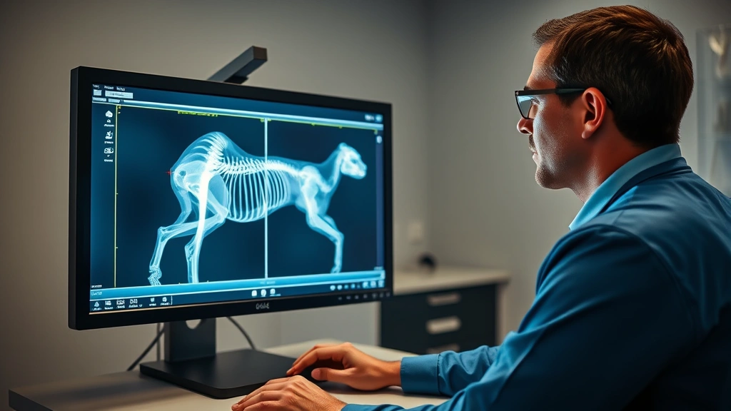 how much do dog x rays cost -
Photorealistic image of a veterinarian reviewing digital X-ray images on a comp