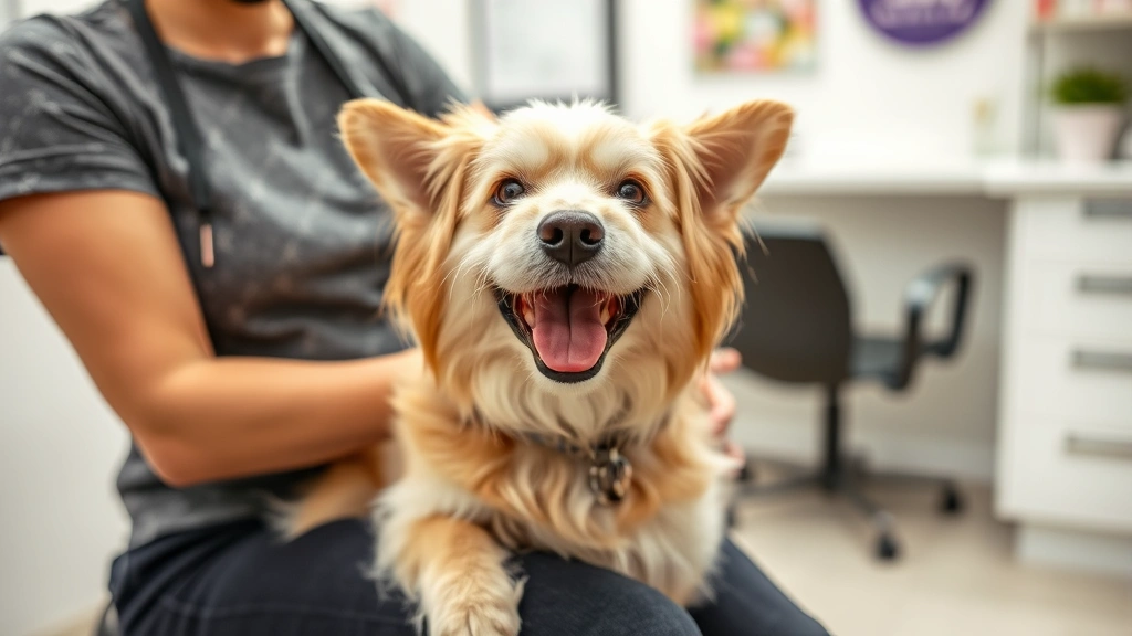 how much do u tip a dog groomer -
Happy dog after grooming sitting in owner’s lap at grooming salon recepti