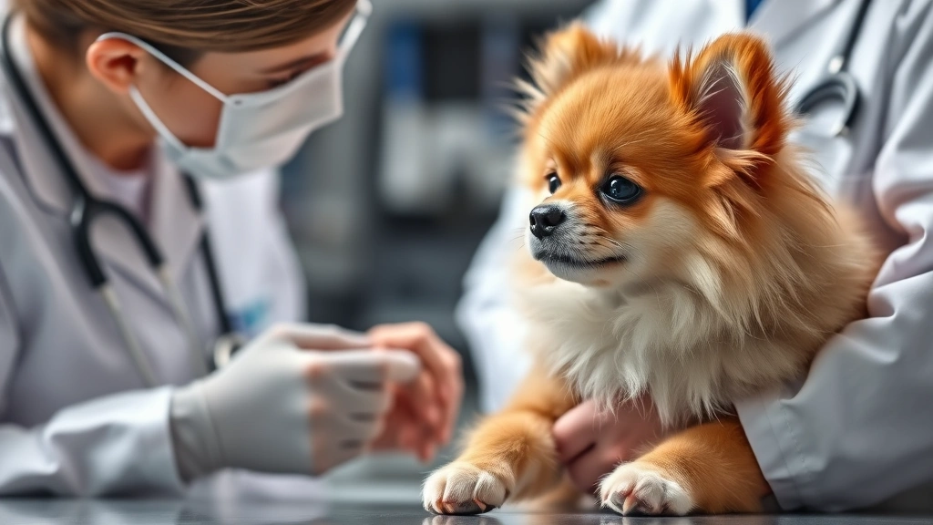 how much does a pomeranian dog cost -
Photorealistic image of a veterinarian examining a small Pomeranian dog during 