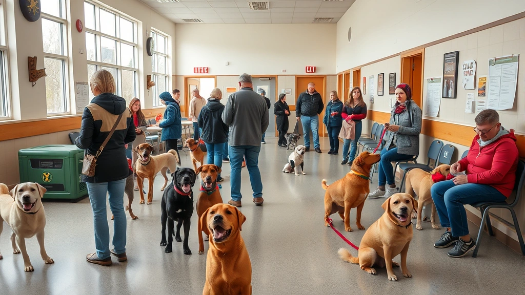how much does a rabies shot cost for a dog -
Photorealistic wide shot of a low-cost animal shelter vaccination clinic with m