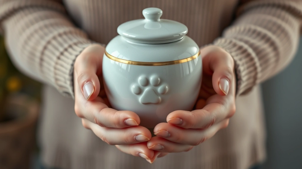 how much does it cost to cremate a dog -
Photorealistic image of hands gently holding a ceramic pet urn with soft warm l