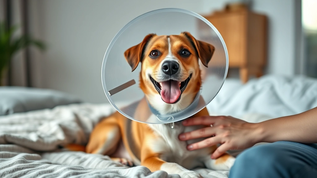 how much does it cost to neuter a dog -
Photorealistic image of a happy medium-sized mixed breed dog wearing a recovery