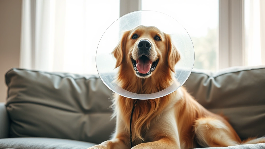 how much does it cost to spay a dog -
Photorealistic photo of a happy golden retriever wearing a recovery cone collar