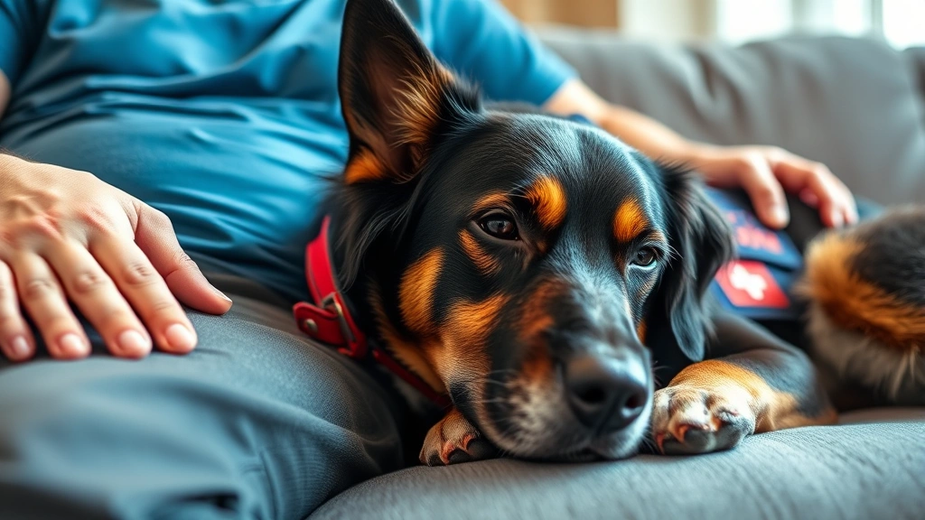 how much does it cost to train a service dog -
Close-up of a medical alert service dog resting beside a person sitting on a co