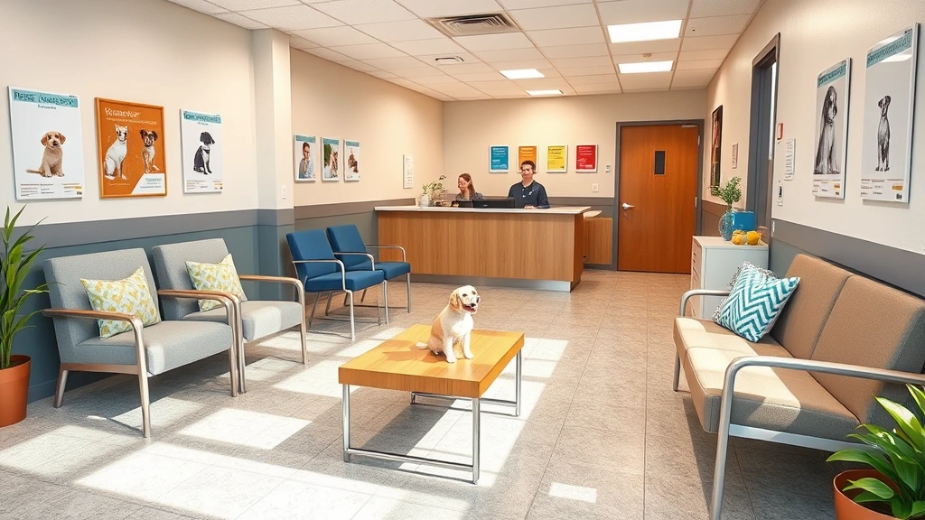 how much does rabies vaccine cost for dogs -
Photorealistic photo of a veterinary clinic waiting room with comfortable seati