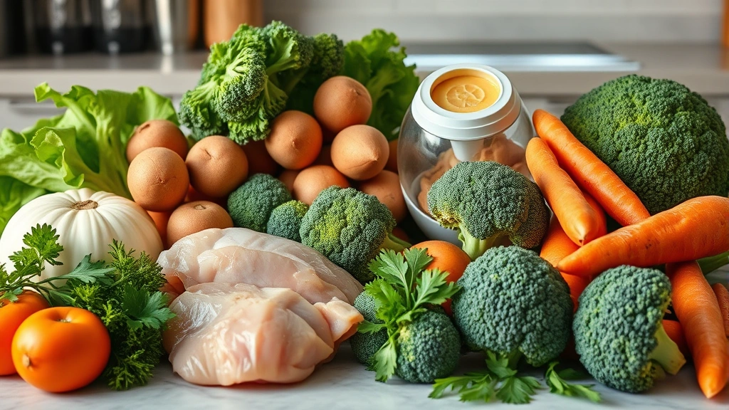 how much does the farmers dog cost -
Photorealistic image of various fresh ingredients including chicken breast, swe