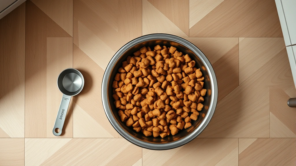 how much food should feed my dog -
A photorealistic overhead view of a dog food bowl on a kitchen floor filled wit