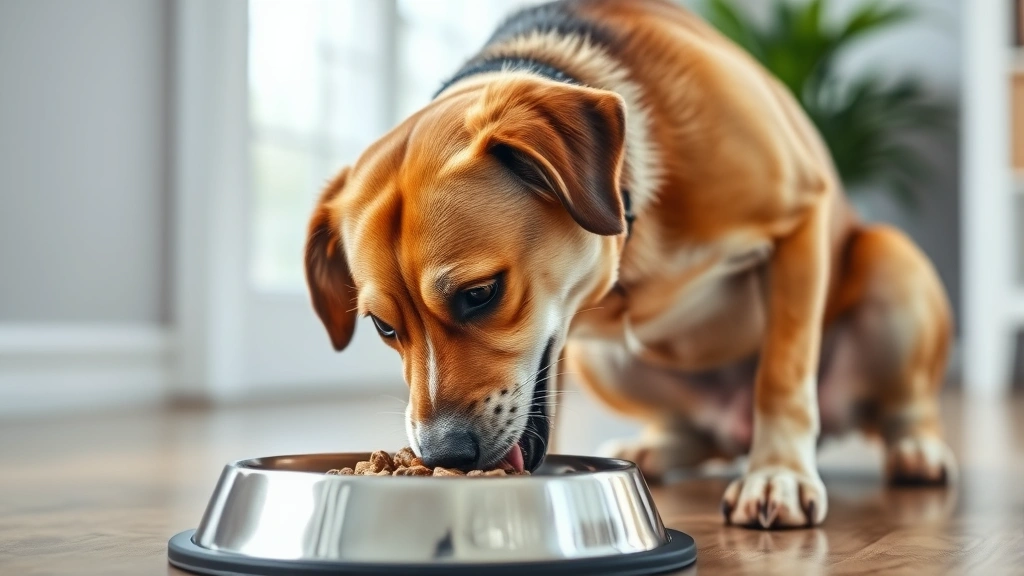 how much food should feed my dog -
A photorealistic image of a happy, healthy adult dog of medium size eating from