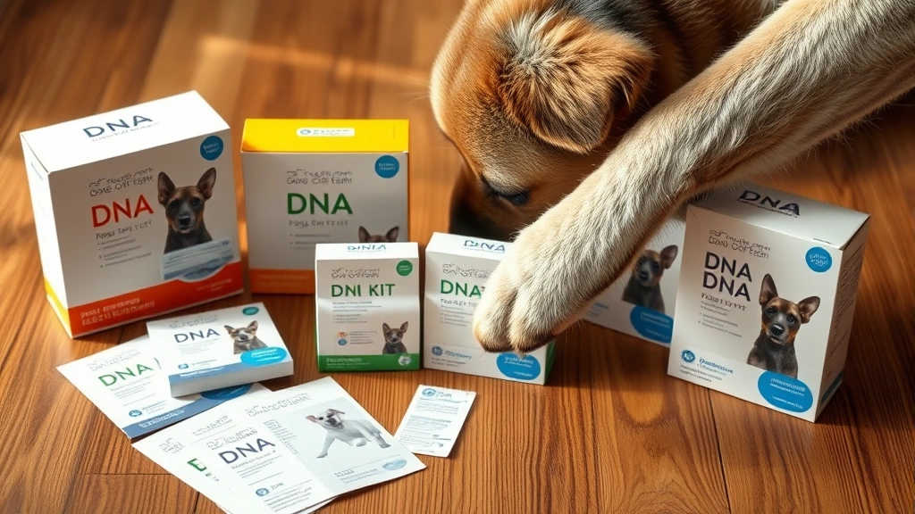 how much for dna test for dogs -
Photorealistic image of various dog DNA test kit boxes and materials displayed 