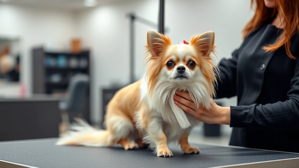 how much is a chihuahua dog -
Photorealistic image of a long-haired chihuahua at a professional dog grooming 