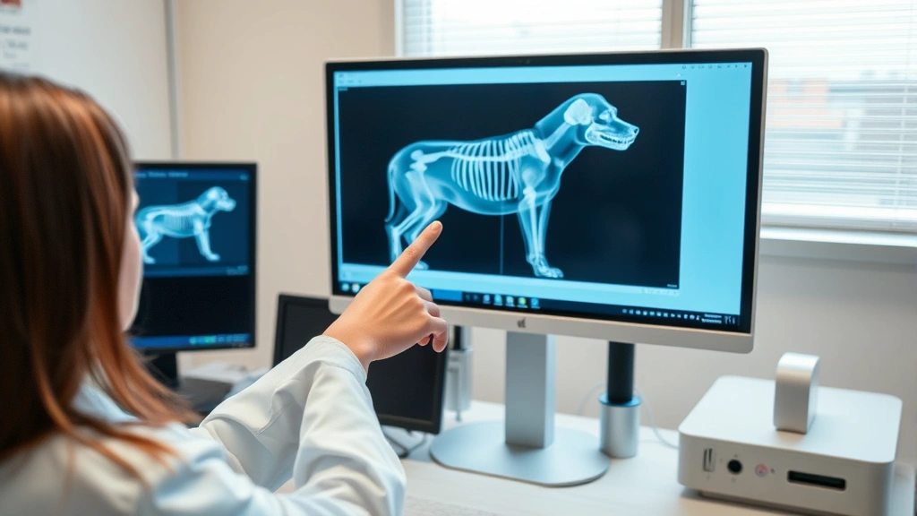 how much is a dog x ray -
Photorealistic image of a veterinarian pointing at x-ray images on a computer m