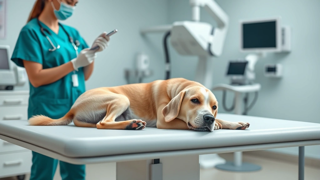 how much is a dog x ray -
Photorealistic image of a calm dog lying on a veterinary examination table with