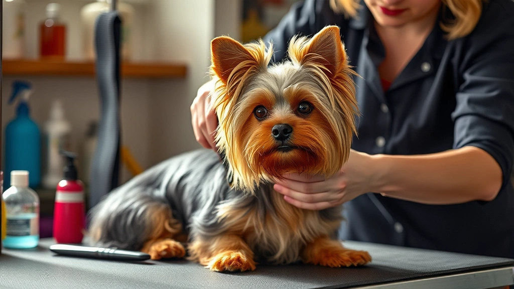 how much is a yorkie dog -
Photorealistic professional dog groomer brushing a Yorkie’s long coat at 