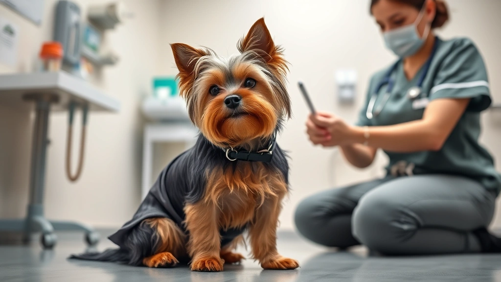 how much is a yorkie dog -
Photorealistic Yorkie sitting in a veterinary clinic examination room with a fe