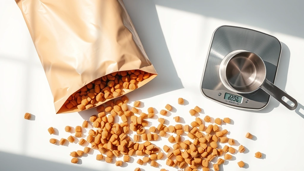 how much kibble to feed dog -
Photorealistic image of a dog food bag with kibble scattered on white surface b