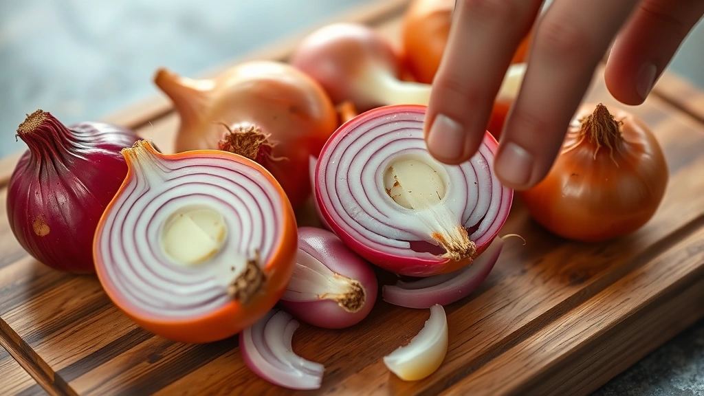 how much onion is toxic to dogs -
Photorealistic close-up of fresh red and yellow onions on a wooden cutting boar
