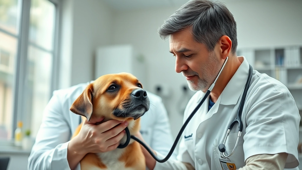 how much onion is toxic to dogs -
Photorealistic image of a veterinarian examining a sick dog with a stethoscope 