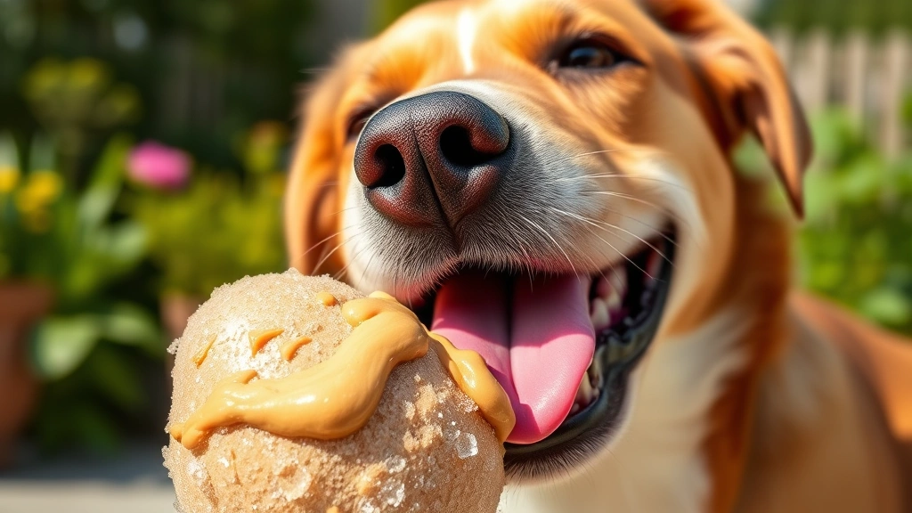 how much peanut butter can dogs have -
Photorealistic close-up of a dog’s tongue licking a frozen Kong toy fille