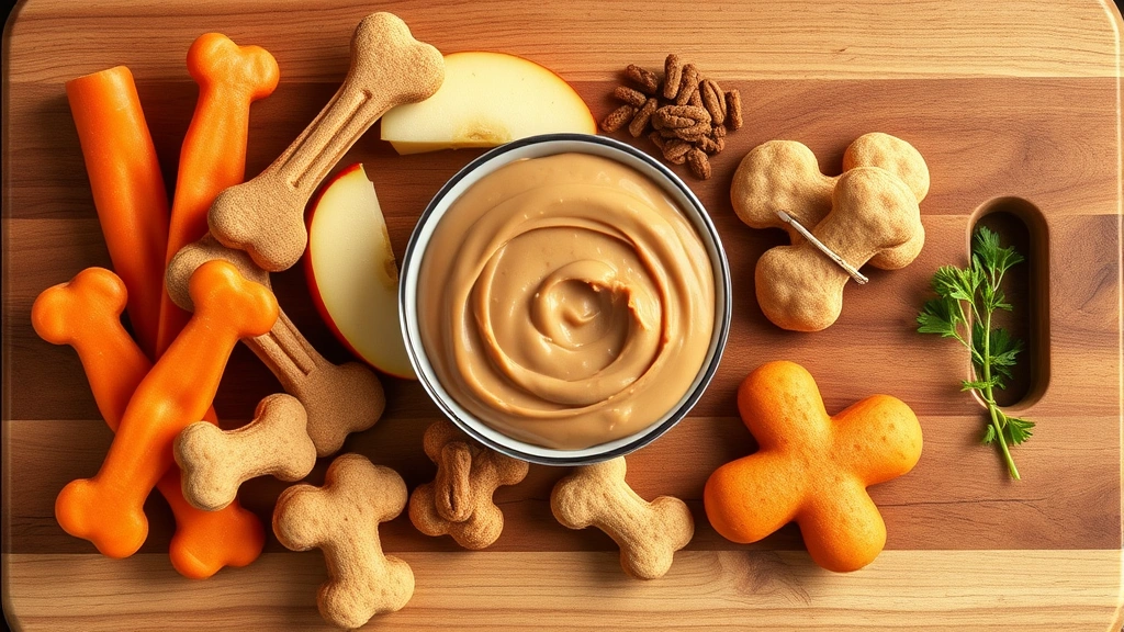 how much peanut butter can dogs have -
Photorealistic overhead shot of various dog treats and healthy snacks arranged 