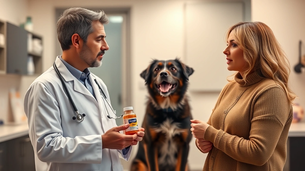 how much pepto tablets to give a dog -
Photorealistic image of a veterinarian in a white coat holding a bottle of Pept