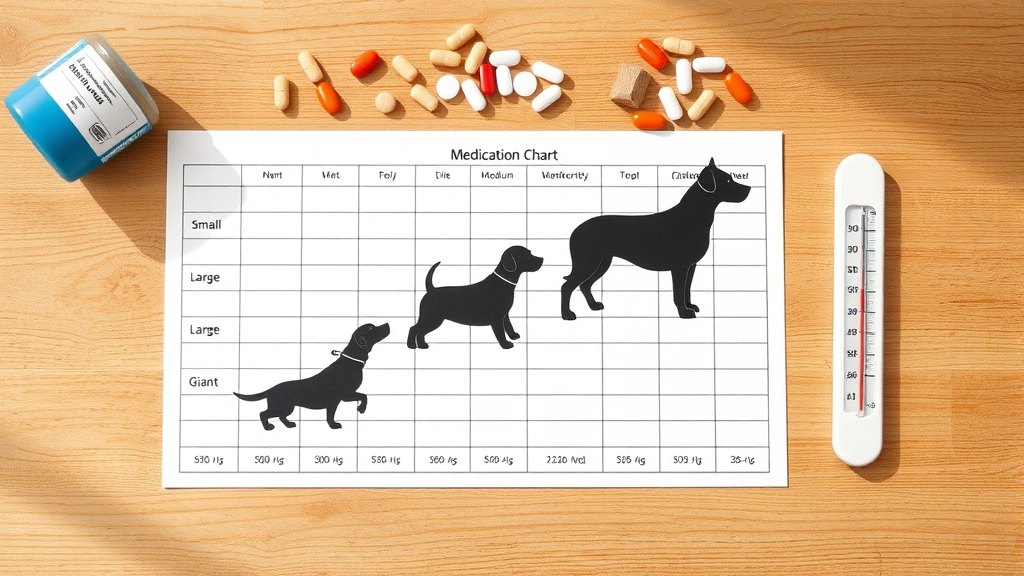 how much pepto tablets to give a dog -
Photorealistic overhead shot of a medication chart with dog silhouettes of diff