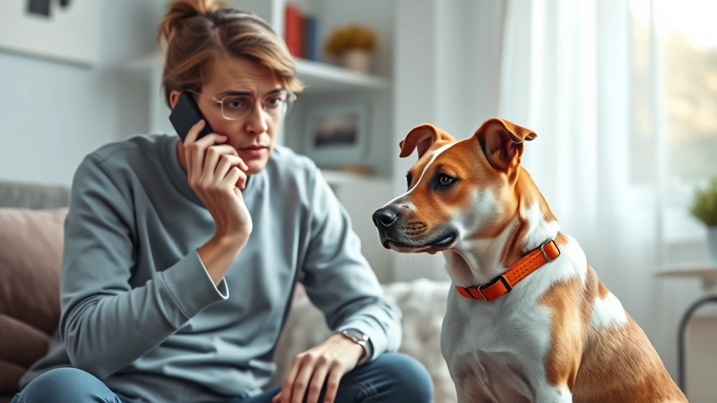 how much peroxide for dog -
Photorealistic image of a concerned dog owner on a phone call while their brown