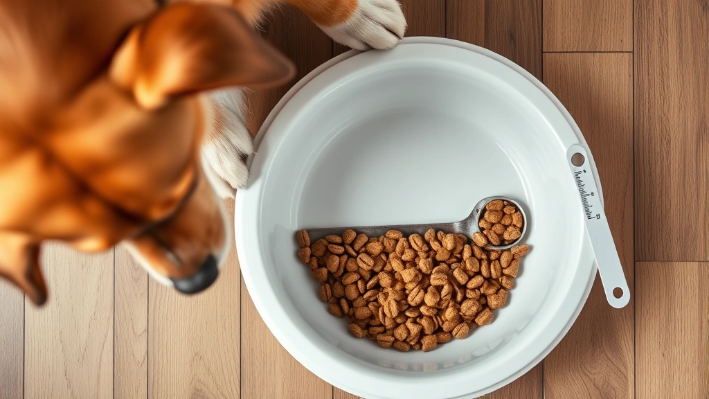 how much should i be feeding my dog -
Photorealistic overhead view of a dog’s food bowl showing proper portion 