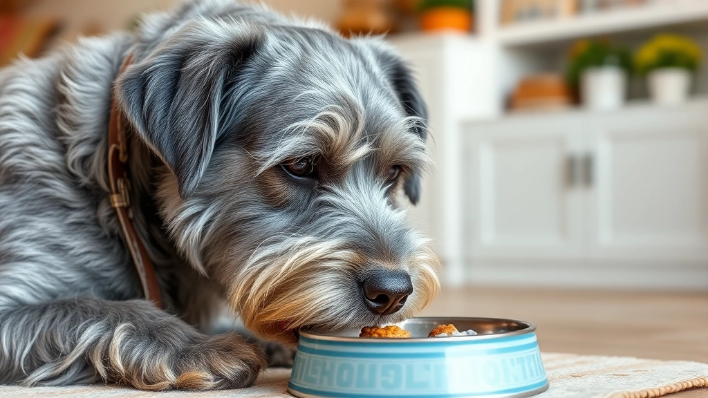 how much should i be feeding my dog -
Photorealistic image of an elderly gray-muzzled dog eating from a bowl, showing