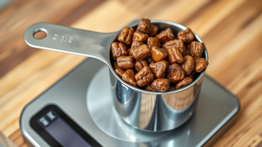 how much wet food to feed a dog -
Photorealistic close-up of wet dog food in a metal measuring cup on a kitchen s