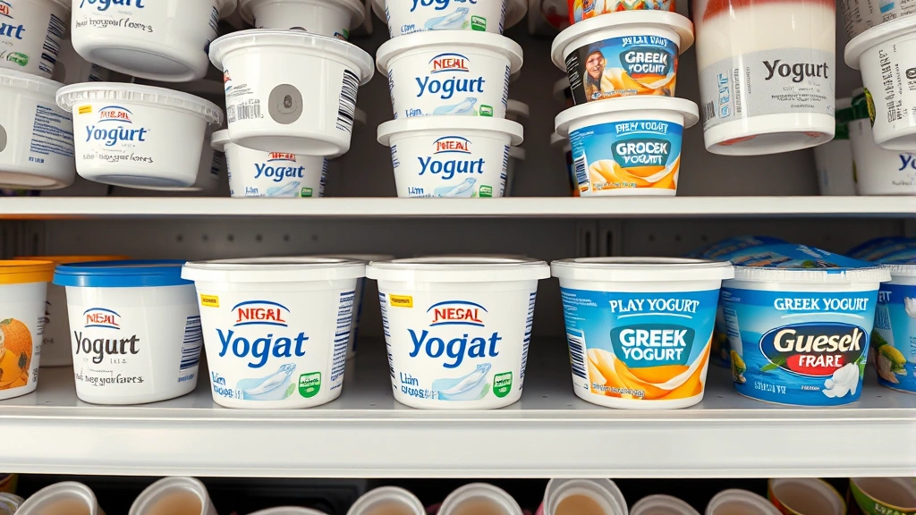 how much yogurt can a dog have -
Photorealistic overhead shot of various yogurt containers on a grocery store sh