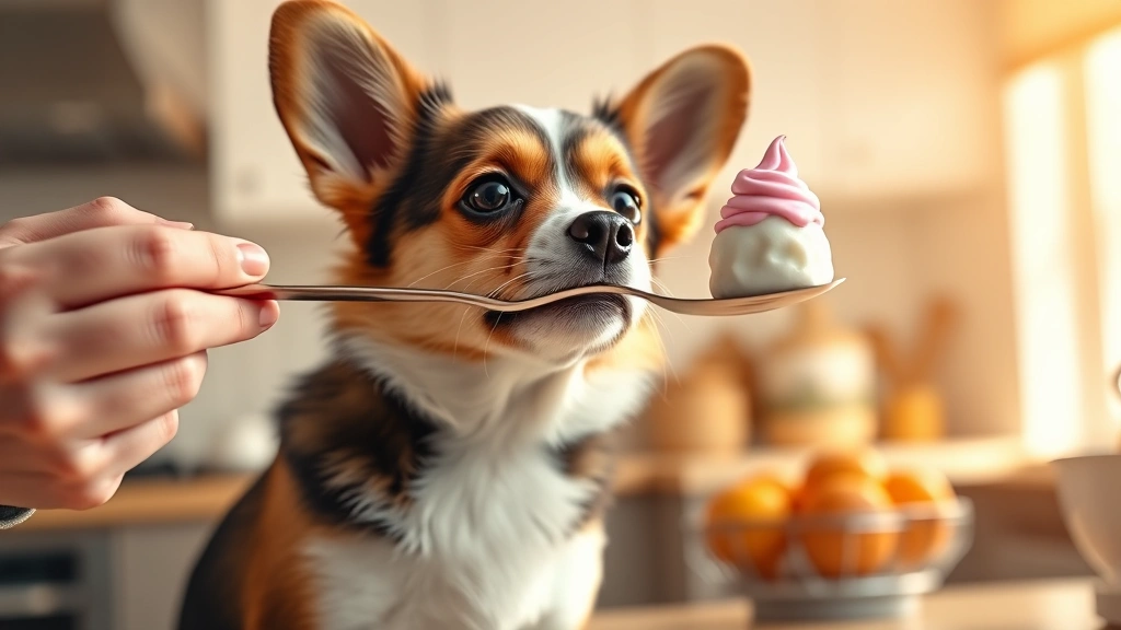 how much yogurt can a dog have -
Photorealistic image of a small dog (Corgi) sitting expectantly while owner hol