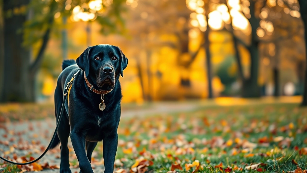 how often do dogs need to go out -
A senior black Labrador walking on a leash through a park with autumn leaves, p