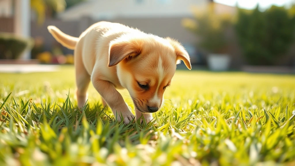 how often do dogs need to go out -
A young energetic puppy playing in grass and sniffing the ground, photorealisti
