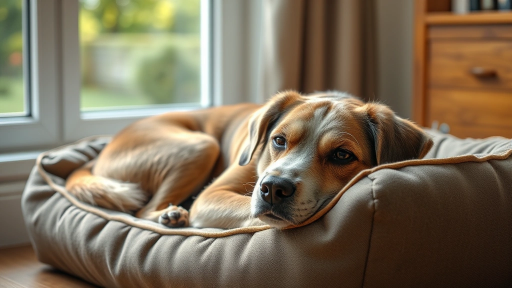 how often do dogs need to urinate -
An elderly senior dog resting on a comfortable dog bed indoors near a window wi