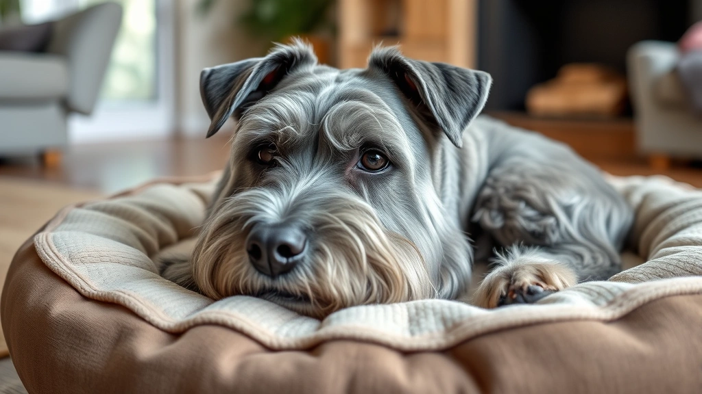 how often do you deworm a dog -
Photorealistic image of a senior gray-muzzled dog resting comfortably on a soft