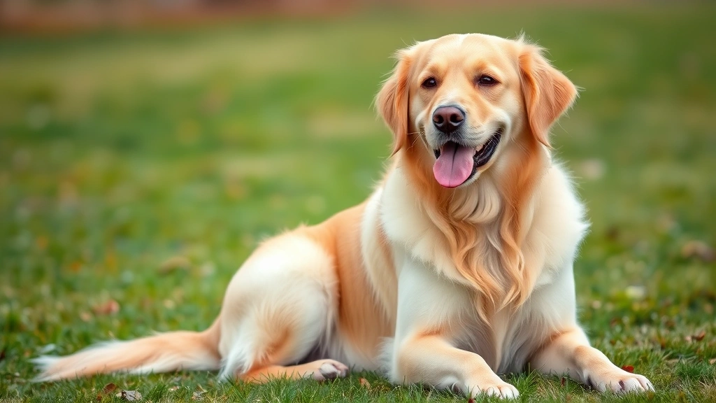 how often to express dog glands -
A healthy golden retriever sitting outdoors on grass with a happy expression, p