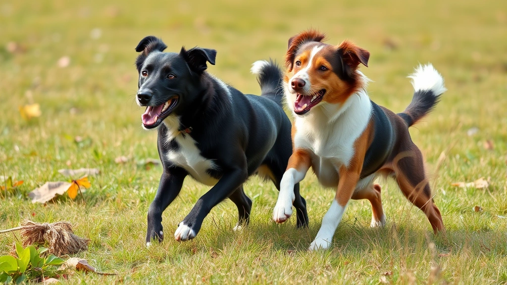 how old does a dog have to be to breed -
Two adult dogs of breeding age playing together in a grassy field, both appeari