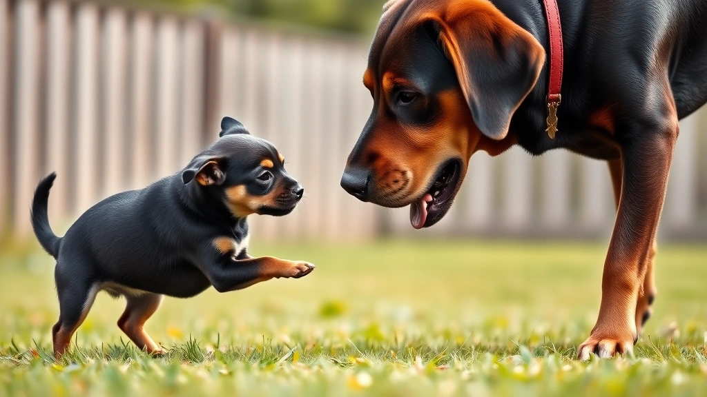 how old is my dog in human years -
Photorealistic image of a small chihuahua puppy playing with a larger adult lab
