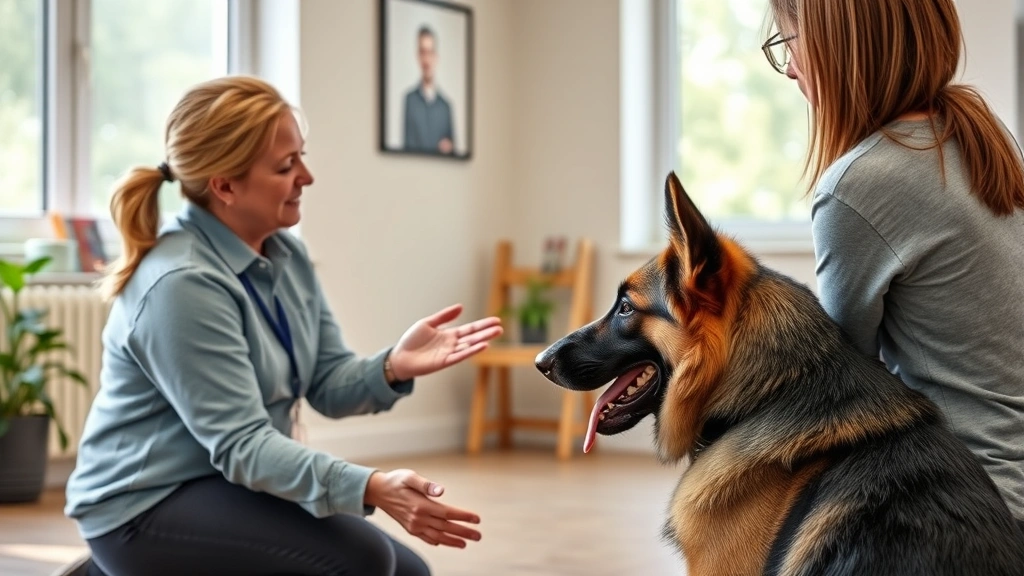 how to become a service dog trainer -
Photorealistic image of a service dog trainer evaluating and matching a German 