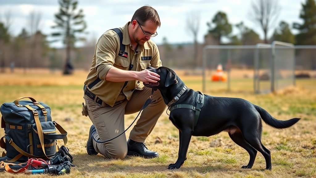 how to become a service dog trainer -
Photorealistic image of an experienced service dog trainer demonstrating task t