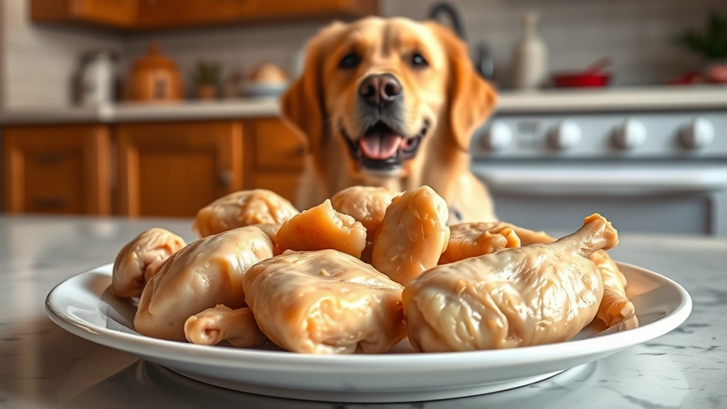 how to boil chicken for dogs -
Photorealistic photo of cooked boiled chicken pieces cooling on a white plate,