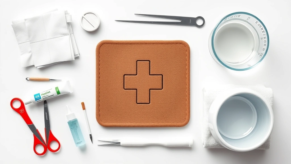 how to clean a cut on a dog -
Photorealistic overhead view of dog first aid supplies neatly organized on whit