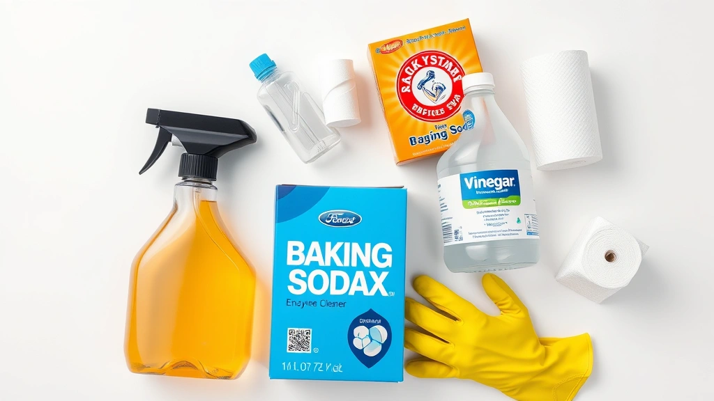 how to clean dog pee from mattress -
Photorealistic flat lay of cleaning supplies arranged on white surface: spray b