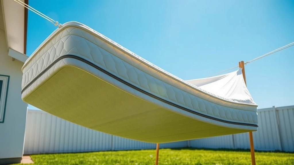 how to clean dog pee from mattress -
Photorealistic image of a mattress drying in bright sunlight on a clothesline i