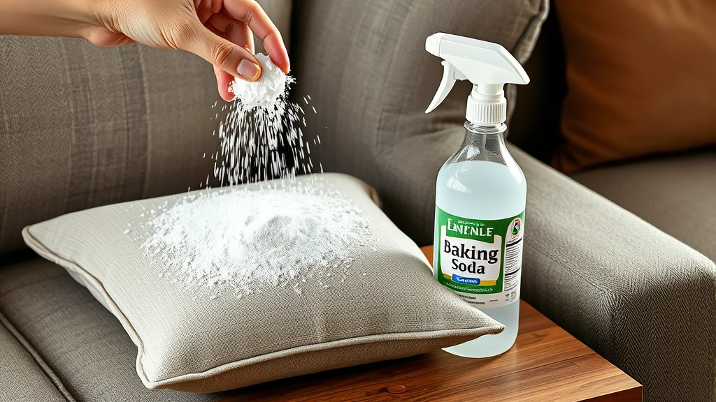 how to clean dog pee off couch -
Photorealistic image of baking soda being sprinkled on a couch cushion with a w