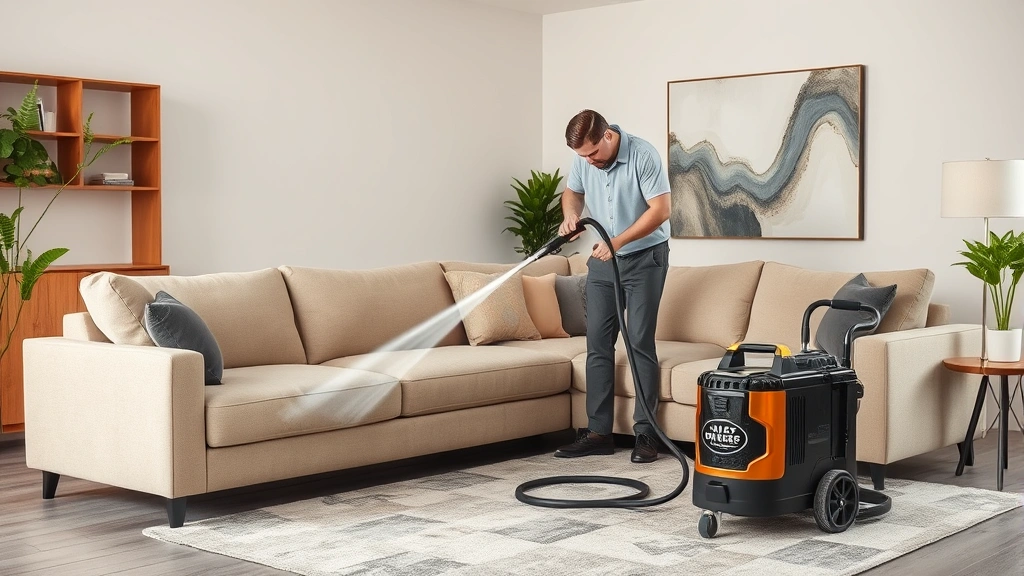 how to clean dog pee off couch -
Photorealistic image of a professional upholstery cleaner using industrial hot 